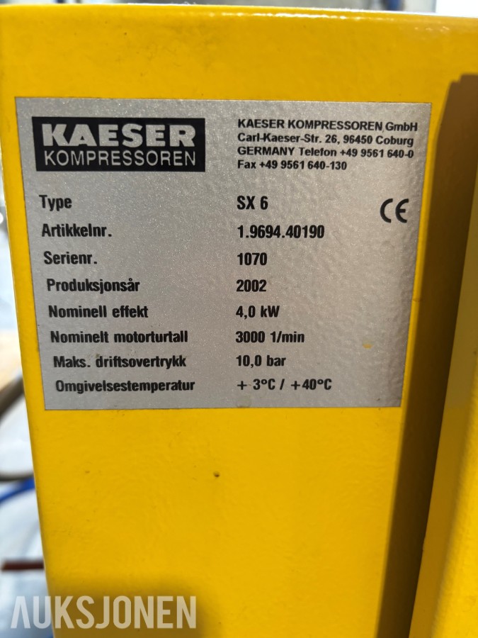 2002 Kaeser SX6 Kompressor m/tank selges som forevist
