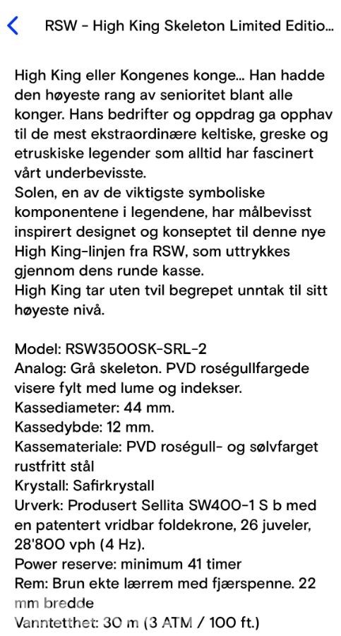NY Klokke- RSW-High King Skeleton Limited Edition  RSW3500SK-2- 26 juveler.