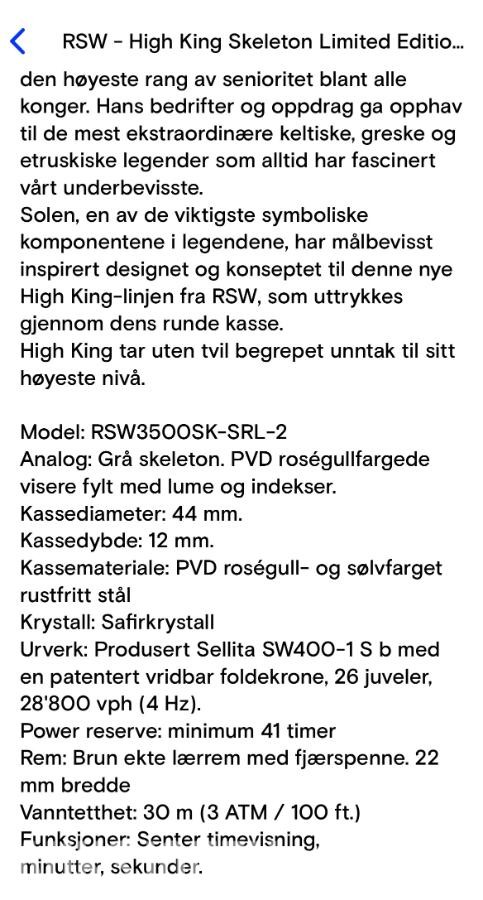 NY Klokke- RSW-High King Skeleton Limited Edition  RSW3500SK-2- 26 juveler.
