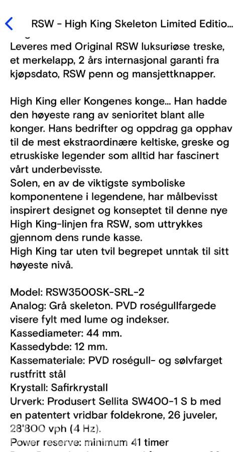 NY Klokke- RSW-High King Skeleton Limited Edition  RSW3500SK-2- 26 juveler.