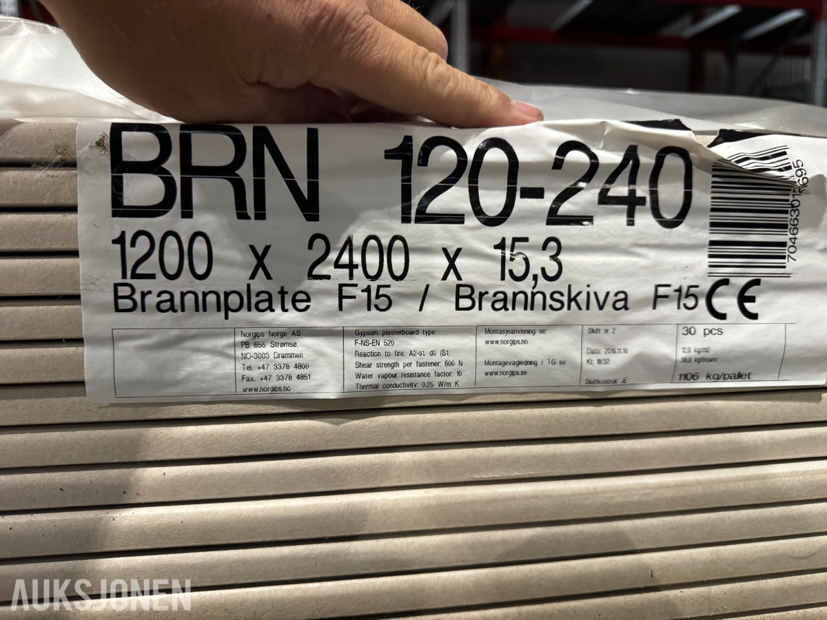 2 pakker Norgips brannplate 15,3x1200x2400 mm