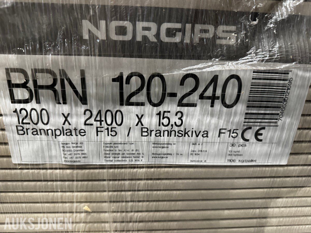 1 pakke Norgips brannplate 15,3x1200x2400 mm