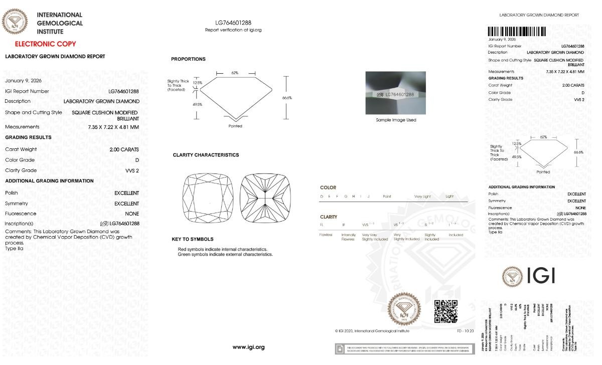 2.00CT DIAMANT | D/VVS2/Ex | SQUARE CUSHION CUT | IGI!