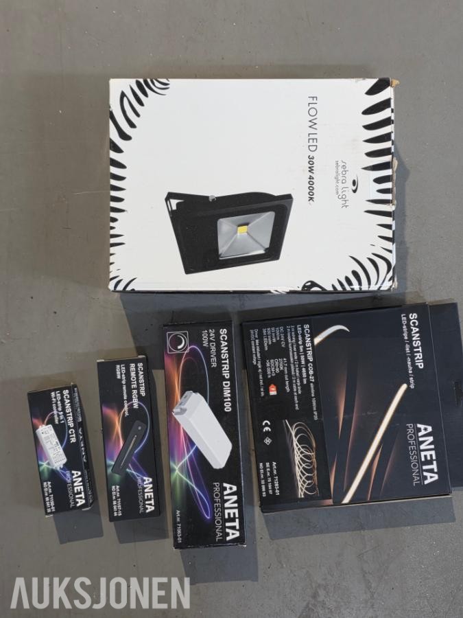 Diverse elektromateriell - Downlights, belysningsutstyr, stikkontakter, smarthus, sikringer, kabler, etc.