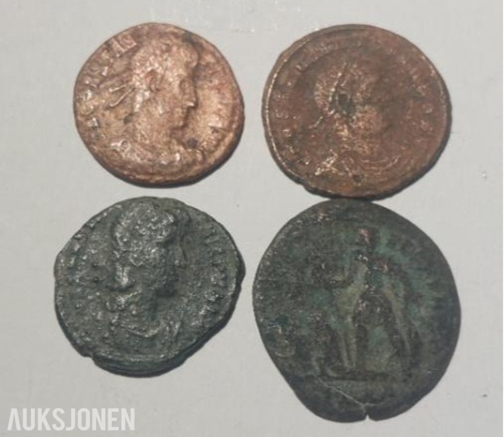 Romerske mynter, 4 stk, Ca 1700 år gamle