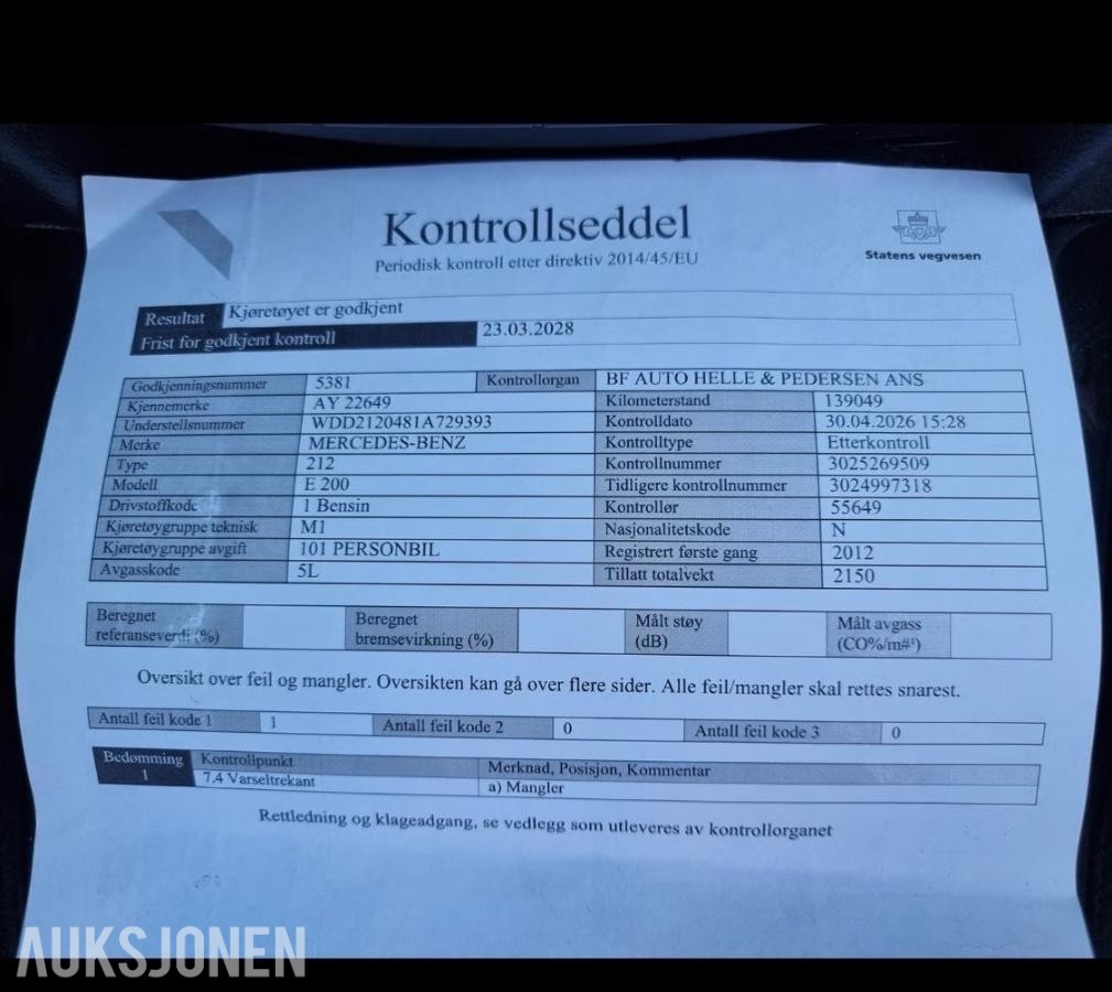 2012 Mercedes-Benz E-Klasse, E200, 141000km, Automat, EU OK til 03.2028