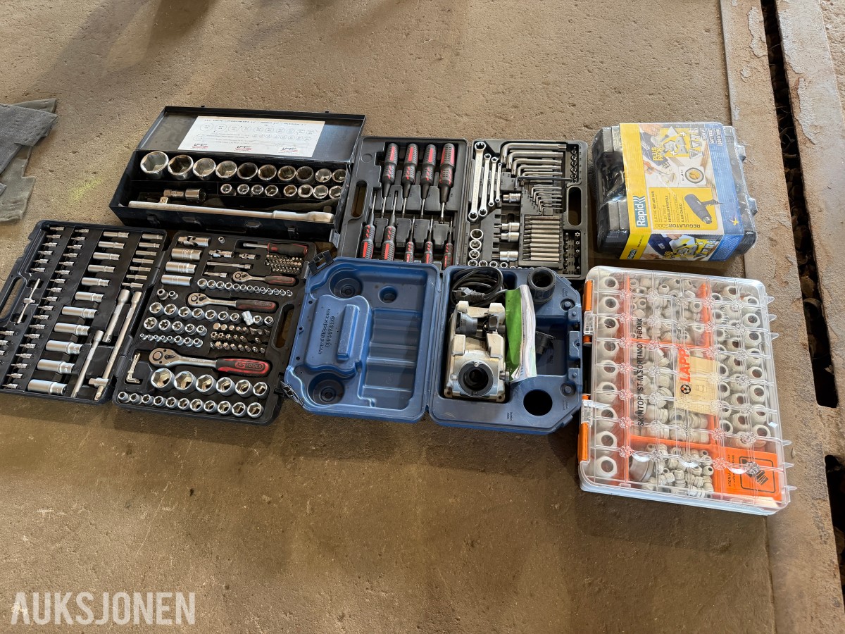 Verktøylott - Gjennomføringsnippelsett / Varmepistol / Torx-sett / Bor-sliper / 2x Skrallesett
