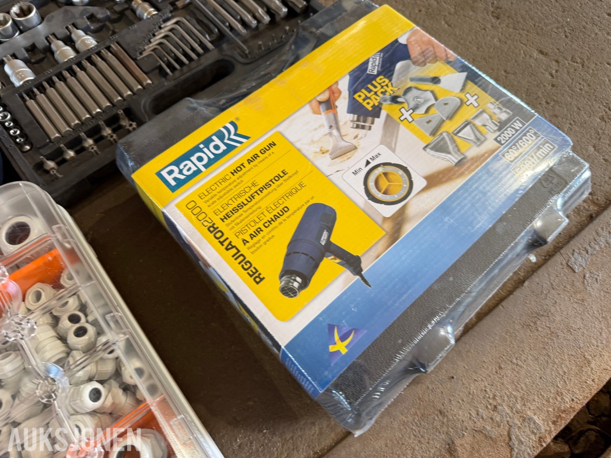 Verktøylott - Gjennomføringsnippelsett / Varmepistol / Torx-sett / Bor-sliper / 2x Skrallesett