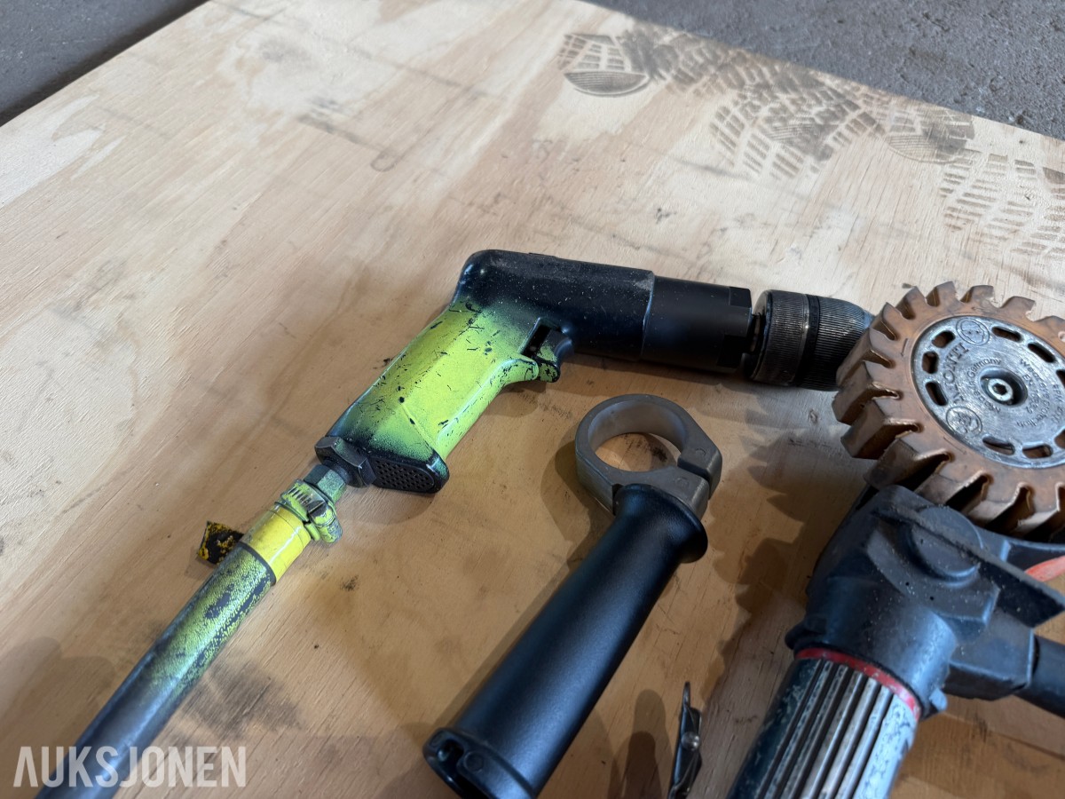 Diverse kvalitets-luftverktøy - 2xdrill, vinkelsliper, popnagletang, sliper