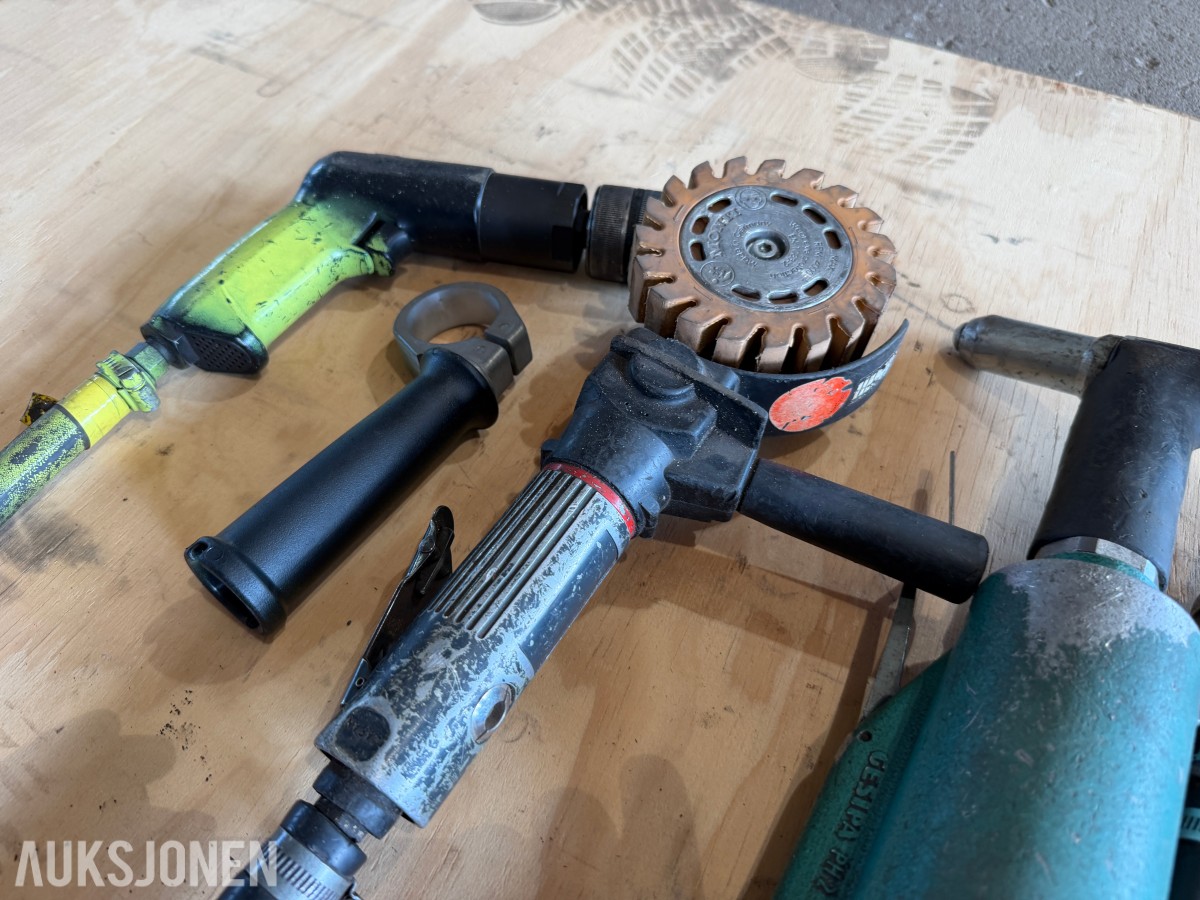 Diverse kvalitets-luftverktøy - 2xdrill, vinkelsliper, popnagletang, sliper