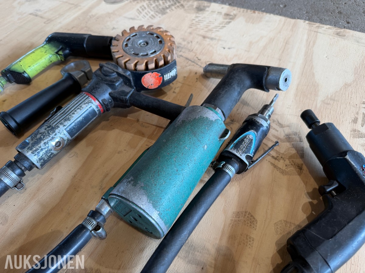 Diverse kvalitets-luftverktøy - 2xdrill, vinkelsliper, popnagletang, sliper