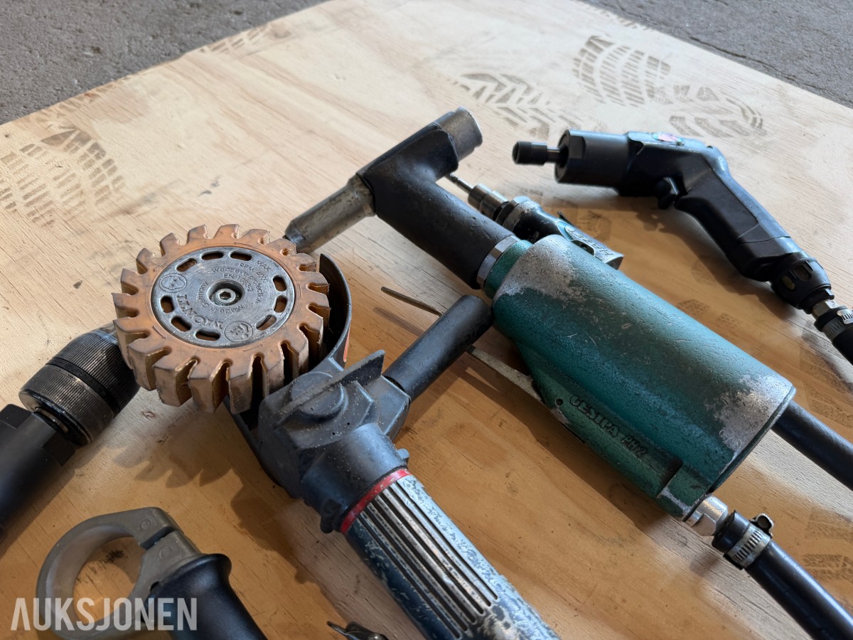 Diverse kvalitets-luftverktøy - 2xdrill, vinkelsliper, popnagletang, sliper