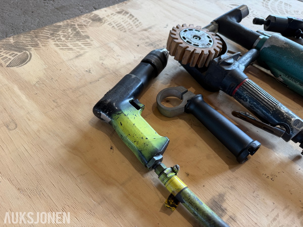 Diverse kvalitets-luftverktøy - 2xdrill, vinkelsliper, popnagletang, sliper