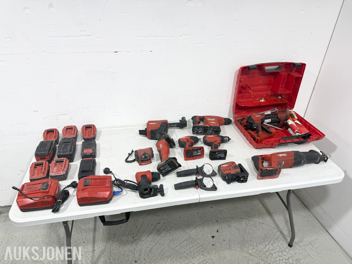 Stort parti Hilti batteriverktøy, batterier, ladere og festeverktøy 