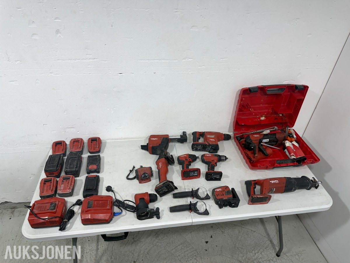Stort parti Hilti batteriverktøy, batterier, ladere og festeverktøy 