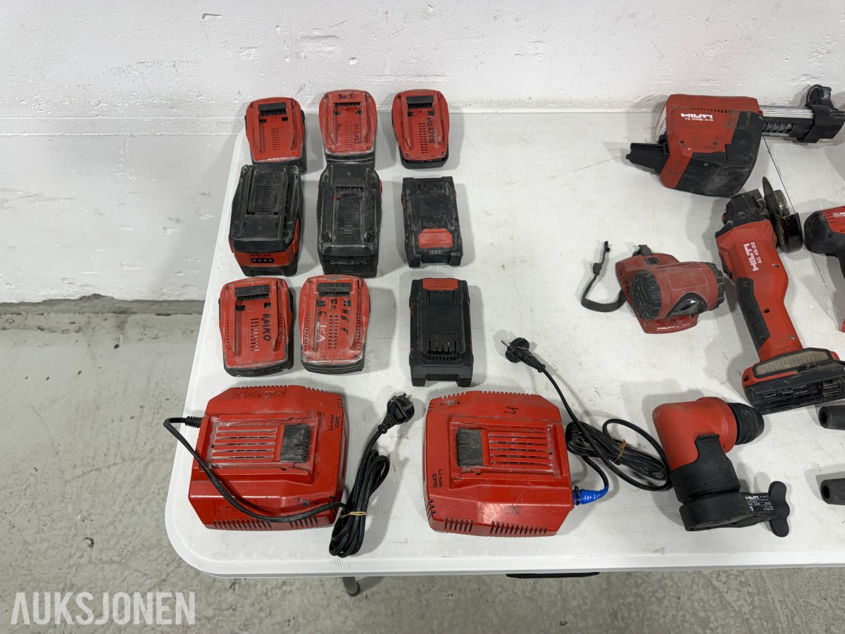 Stort parti Hilti batteriverktøy, batterier, ladere og festeverktøy 