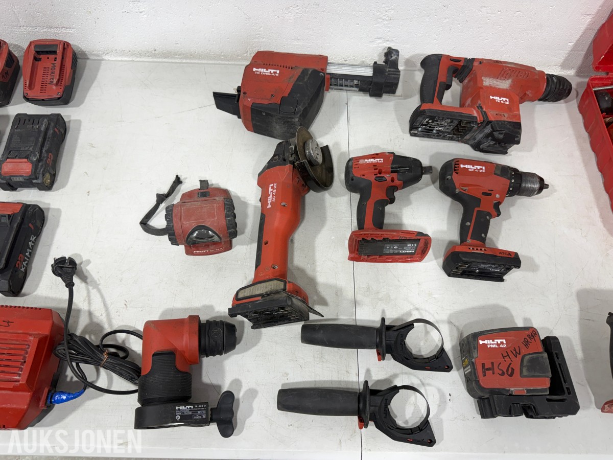Stort parti Hilti batteriverktøy, batterier, ladere og festeverktøy 