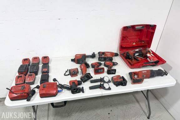 Stort parti Hilti batteriverktøy, batterier, ladere og festeverktøy