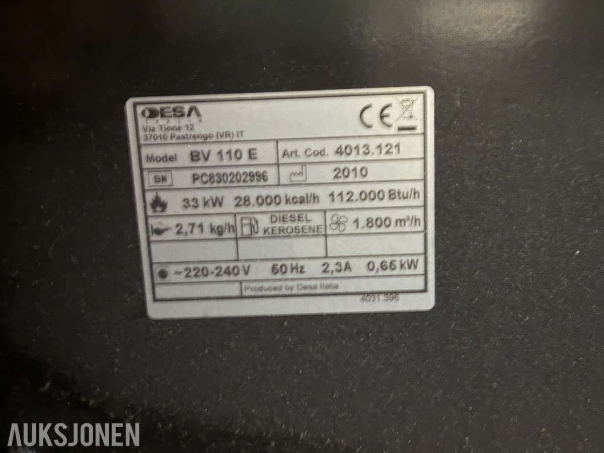 2010 Master BV 110 E indirekte fyrt byggvarmer - 33 kW - diesel eller parafin - 1800 kubikkmeter per time - 230 V