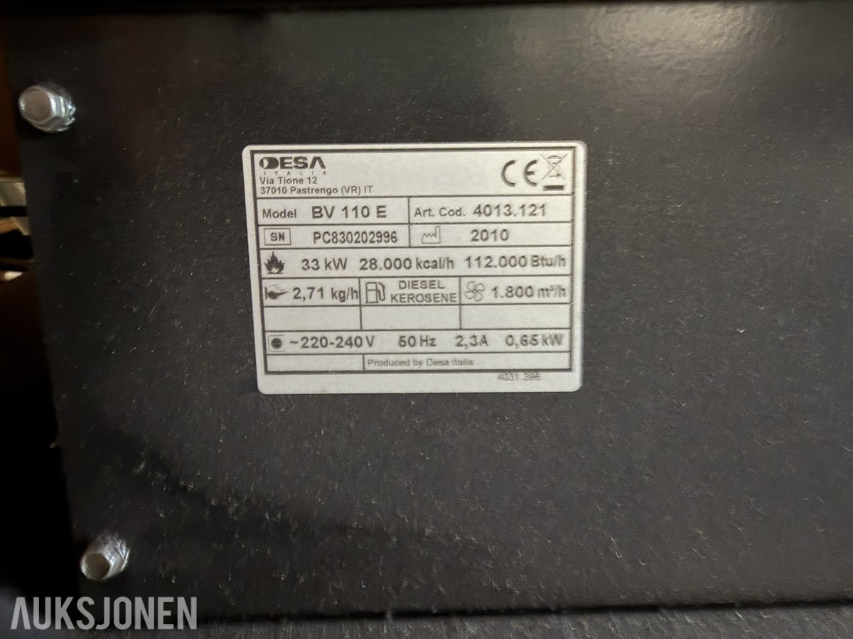 2010 Master BV 110 E indirekte fyrt byggvarmer - 33 kW - diesel eller parafin - 1800 kubikkmeter per time - 230 V