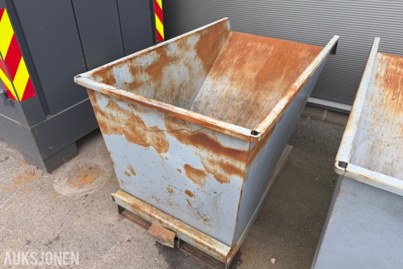 Tippcontainer for gaffeltruck - selvtippende - gjennomgående gaffellommer - stålkonstruksjon - innvendig lengde 1,43 meter