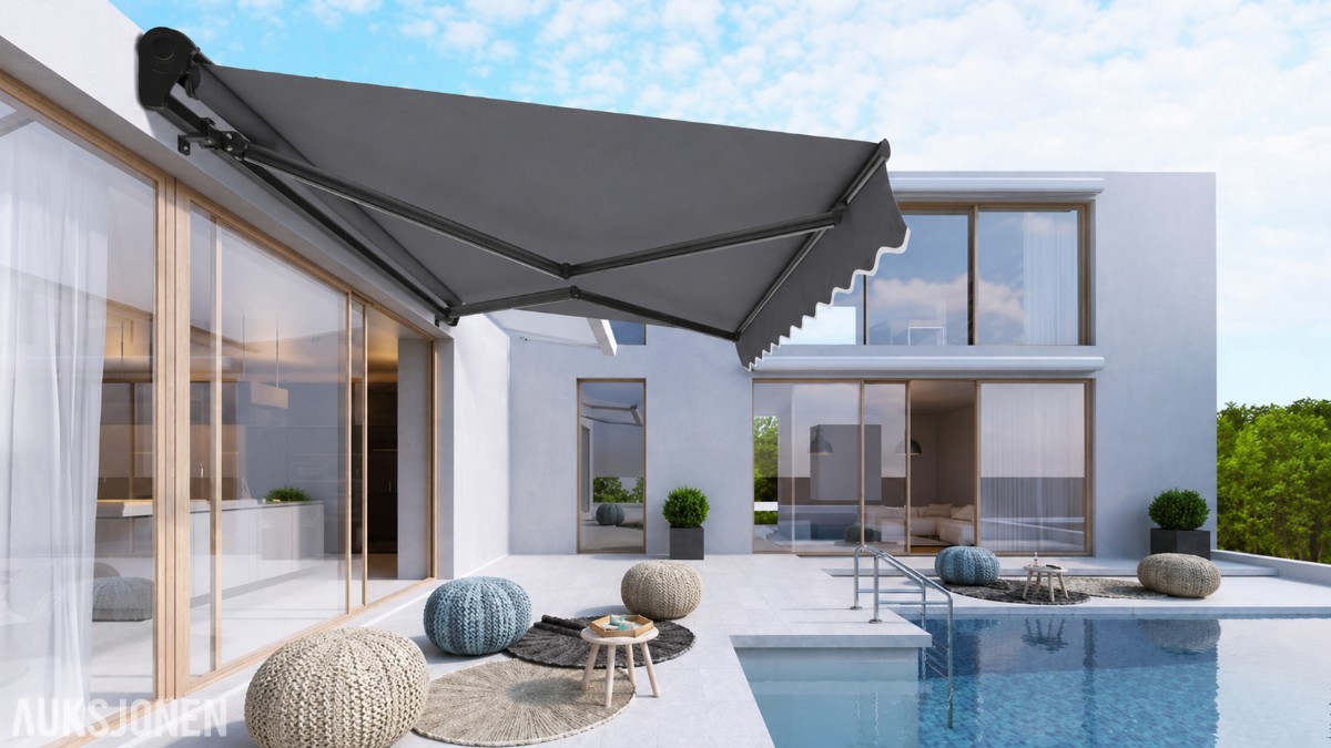TERRASSEMARKISE 450X300CM BREDDE/UTFALL - MOTORSTYRT - KASSETTMARKISE - HELT NY