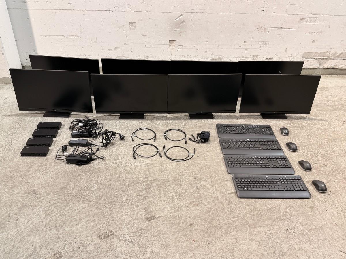 8 HP PC-skjermer med Lenovo dokkingstasjoner og tilbehør
