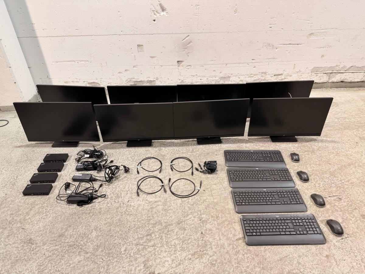 8 HP PC-skjermer med Lenovo dokkingstasjoner og tilbehør