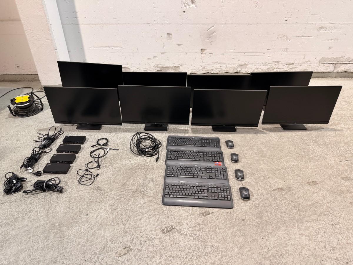 8 stk HP PC-skjermer med Lenovo ThinkPad USB-C-dokkingstasjoner og datautstyr