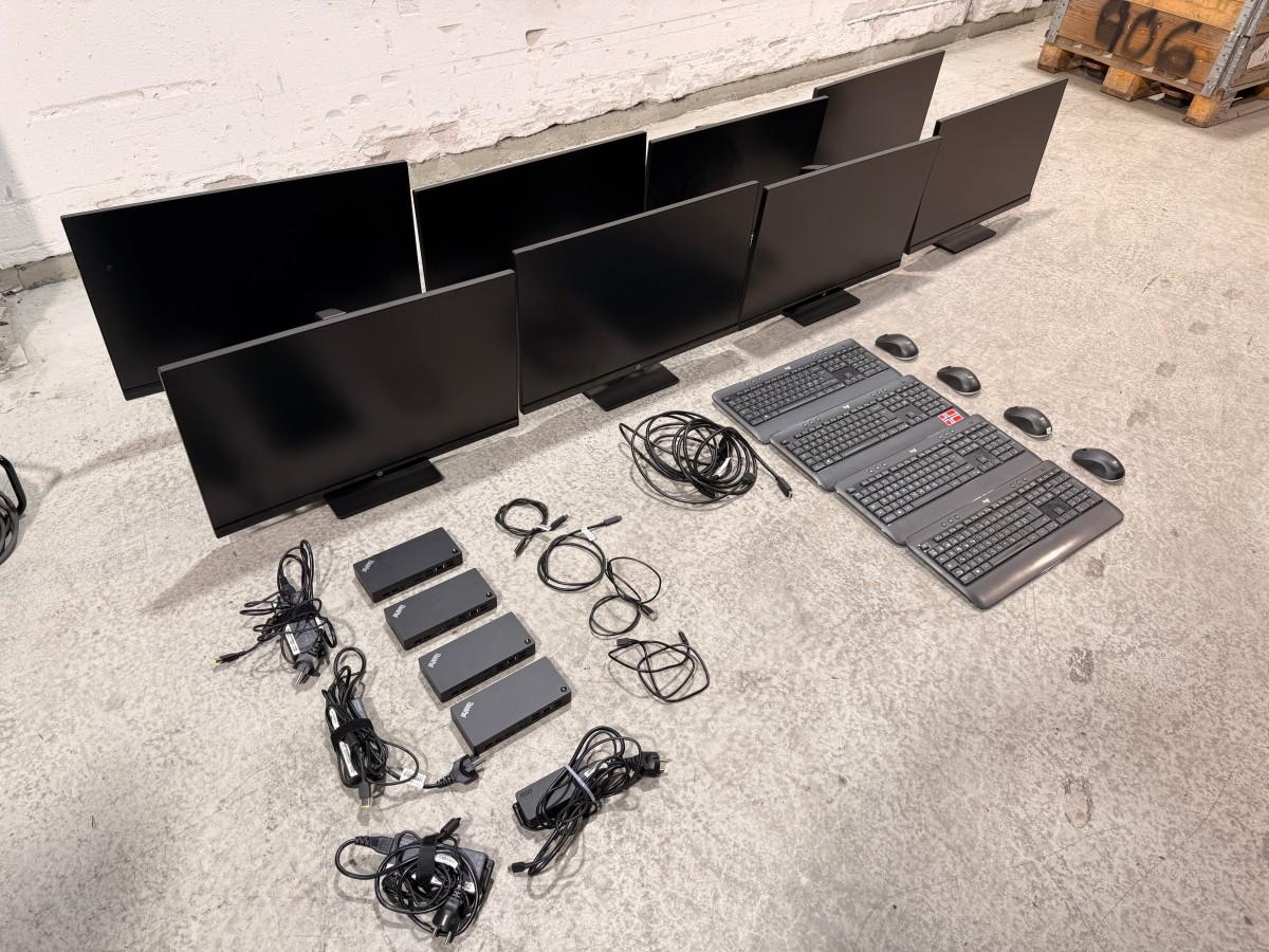 8 stk HP PC-skjermer med Lenovo ThinkPad USB-C-dokkingstasjoner og datautstyr