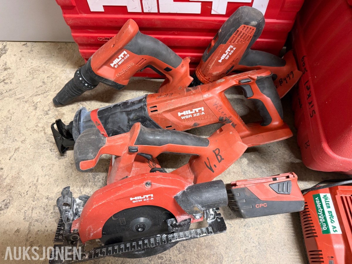 Hilti batteriverktøy. Drill, sirkelsag, bajonettsag og skrumaskin. 22 volt. 