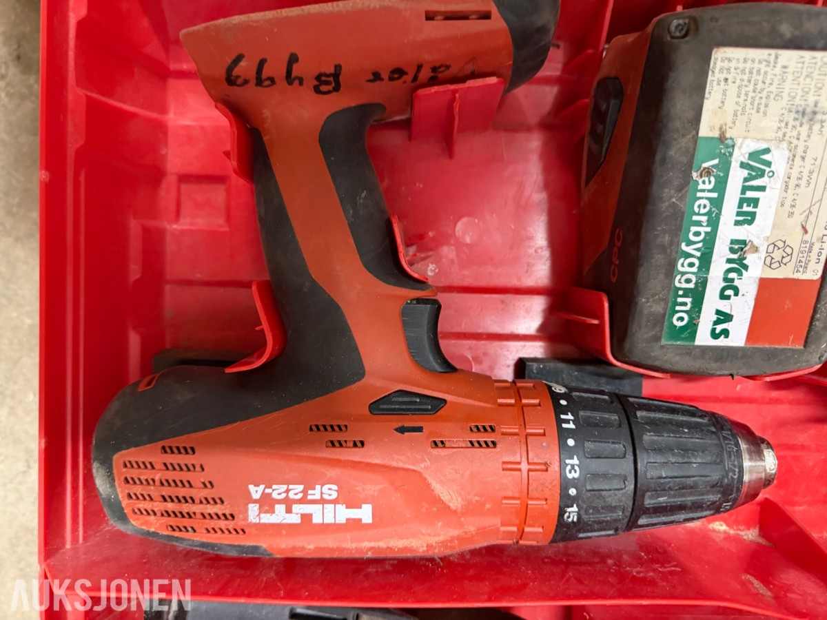 Hilti batteriverktøy. Drill, sirkelsag, bajonettsag og skrumaskin. 22 volt. 