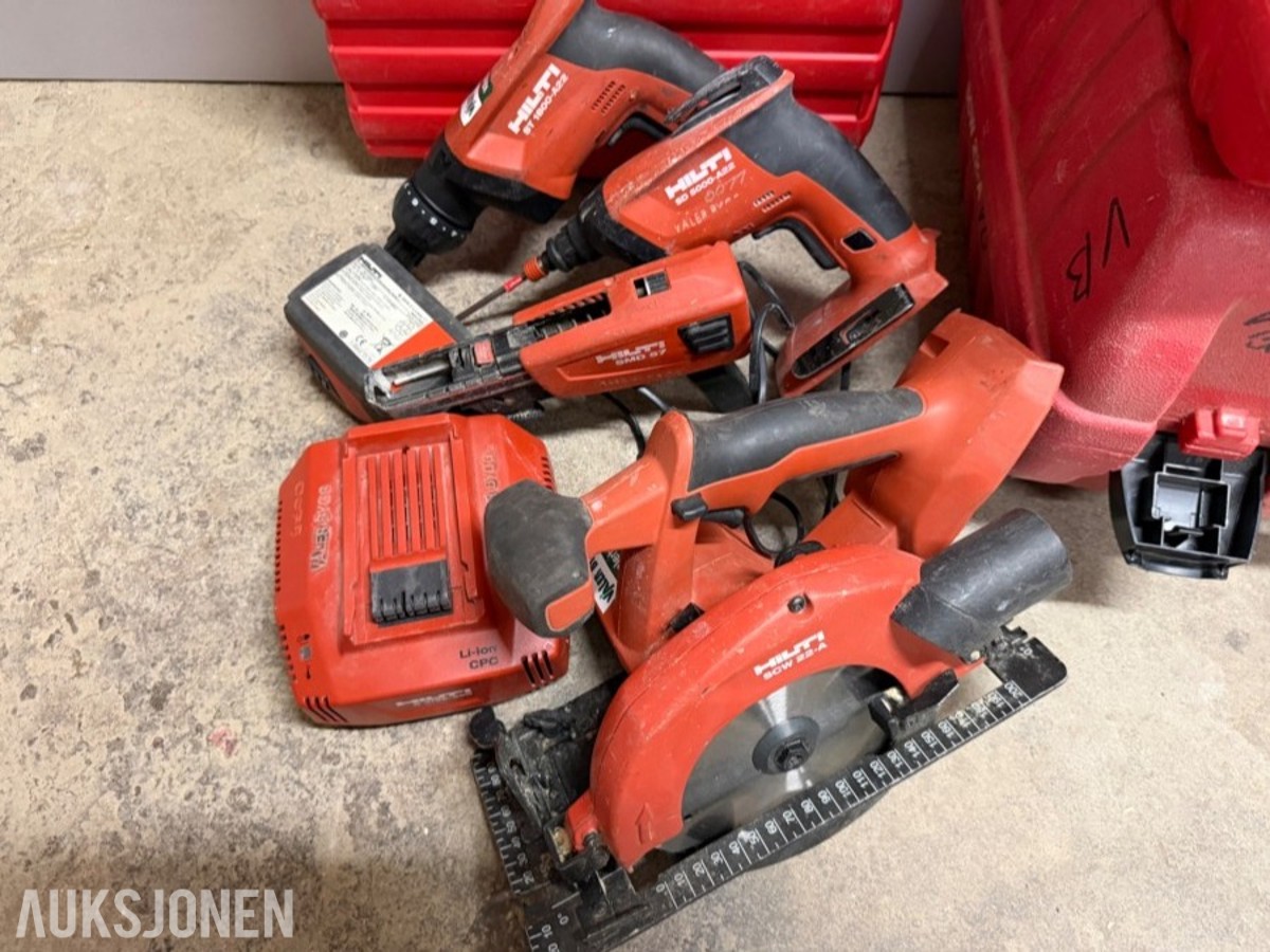 Hilti Batteriverktøy. Skrumaskin, gipsskrutrekker og sirkelsag. 22 volt