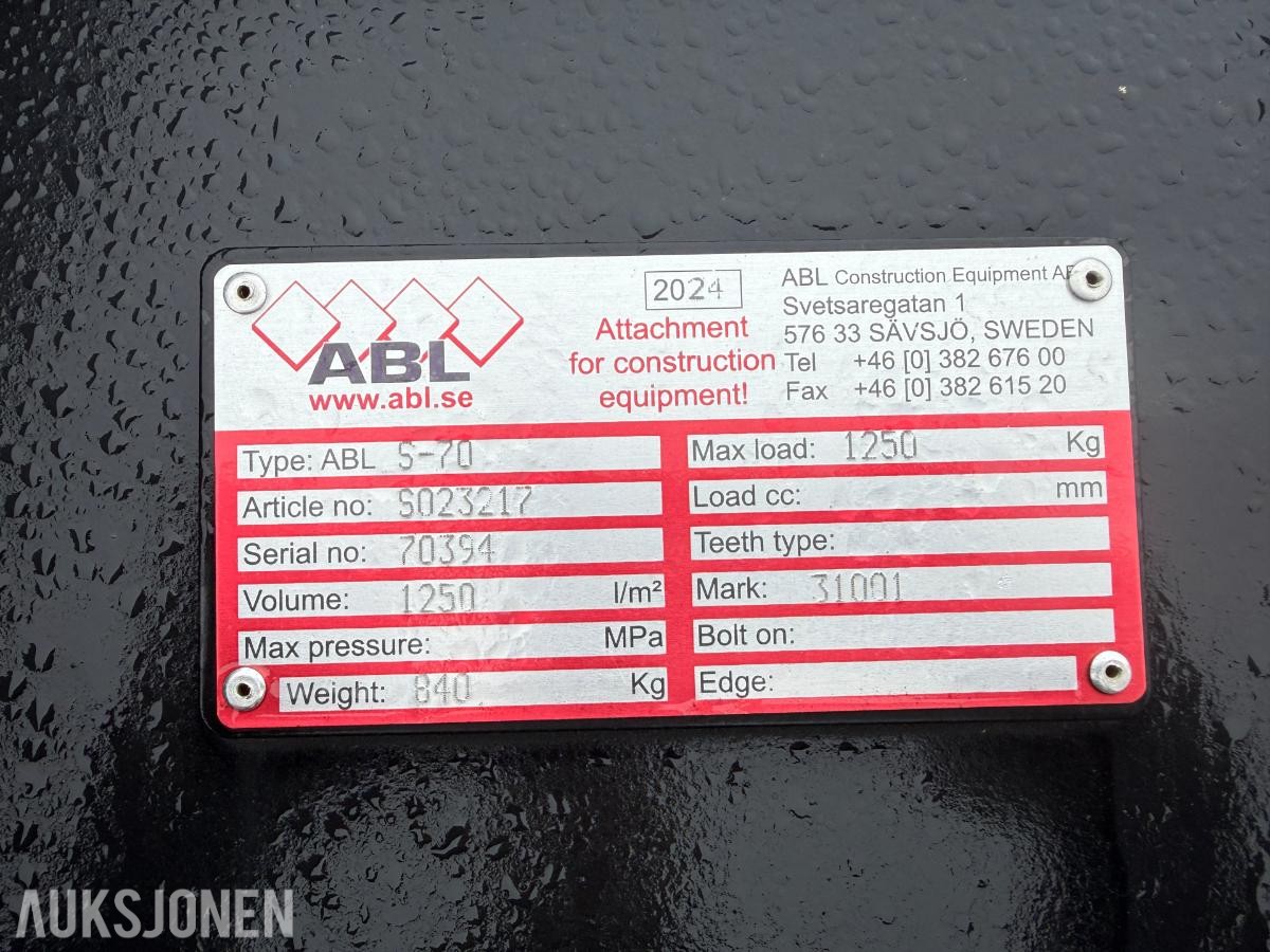 2024 ABL graveskuff - 1250L med S-70 feste