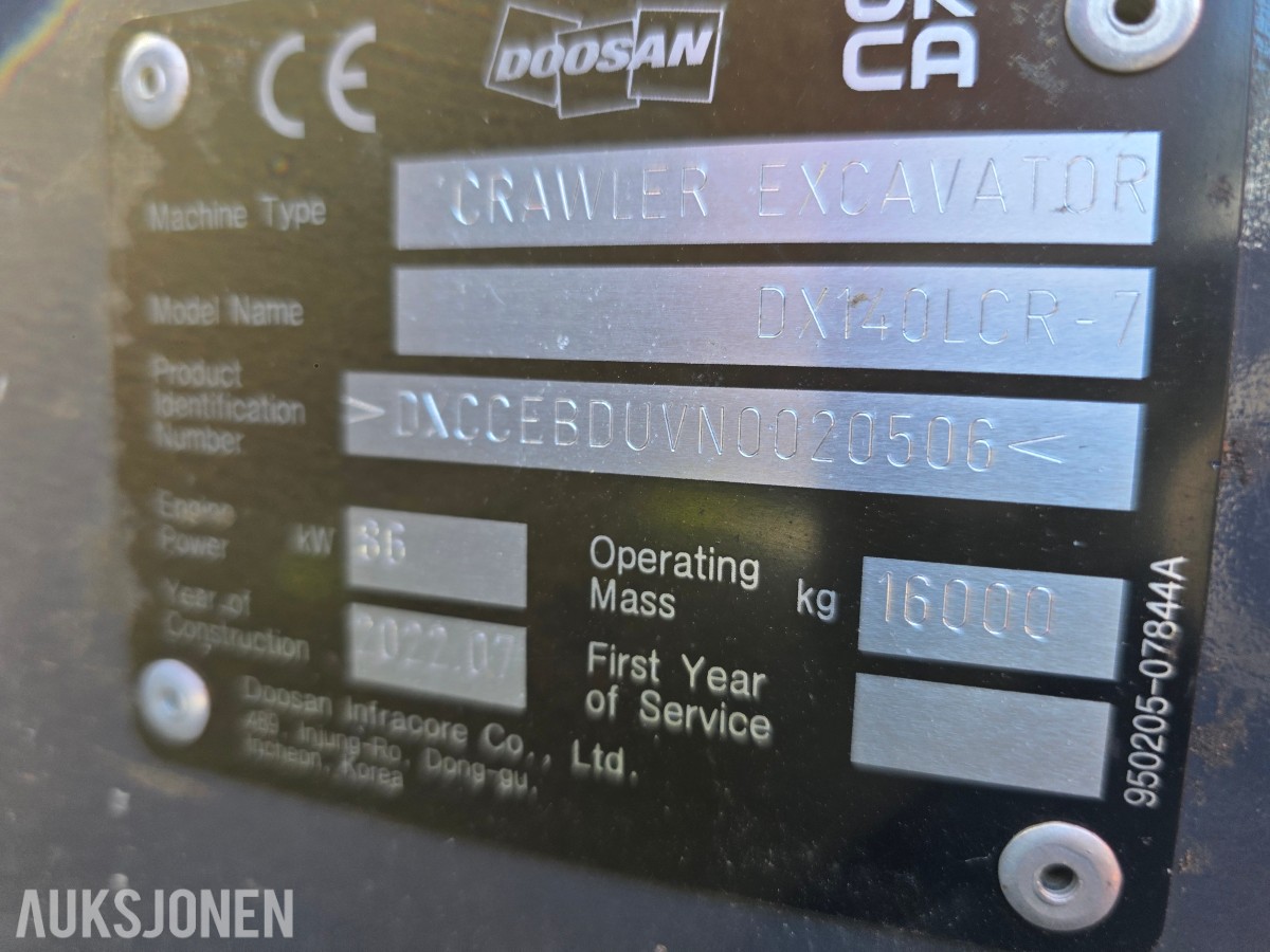 2022 Doosan DX140LCR-7 beltegraver 3235 timer-Engcon tiltrotator-sentralsmøring-gullavtale