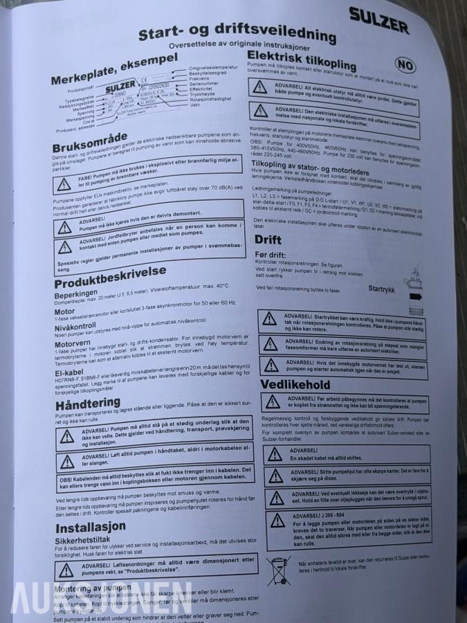 2026 NY/UBRUKT Sulzer J15 W lensepumpe/ dreneringspumpe
