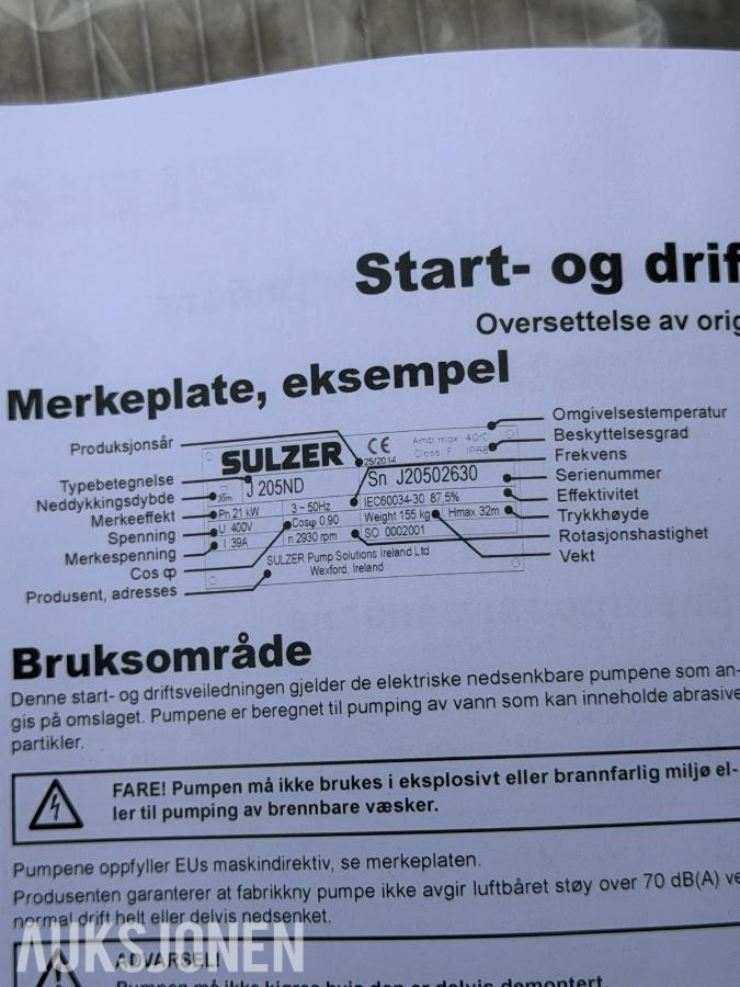 2026 NY/UBRUKT Sulzer J15 W lensepumpe/ dreneringspumpe