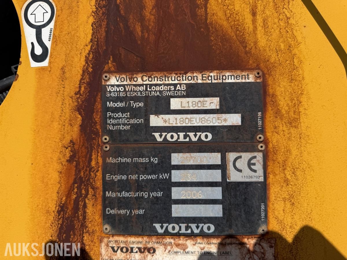 2006 Volvo L180E Hjullaster – 10.772 t – Skuffe – Sentralsmøring