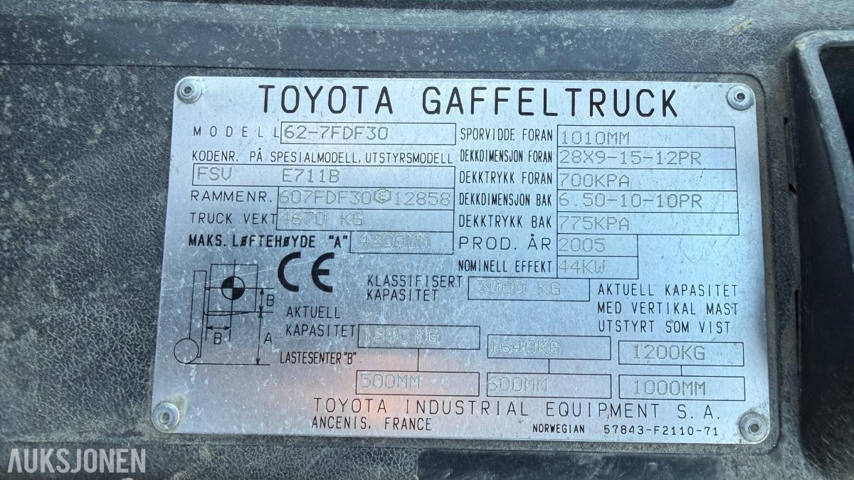 2005 Toyota 62-7FDF30 gaffeltruck 3 000 kg