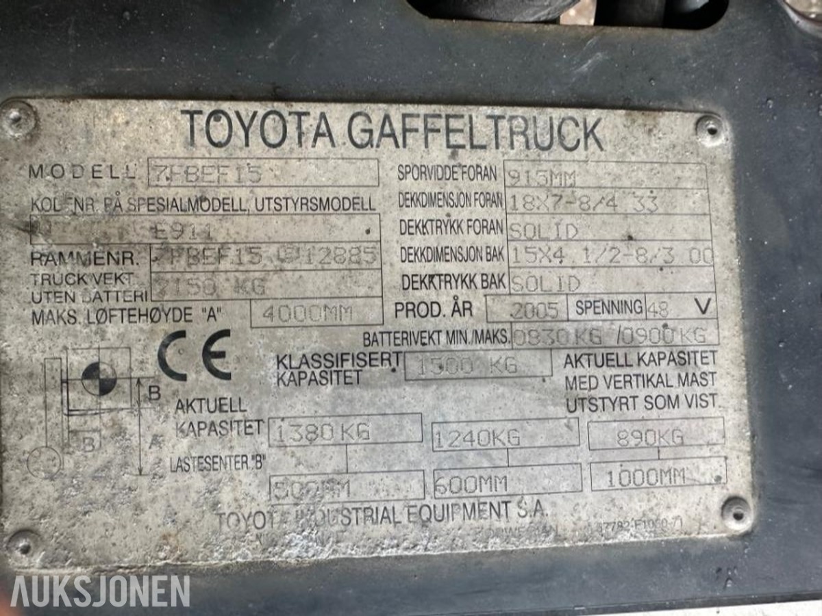2005 TOYOTA 7FBEF 15 ELEKTRISK TRUCK, LADER, 4112 TIMER
