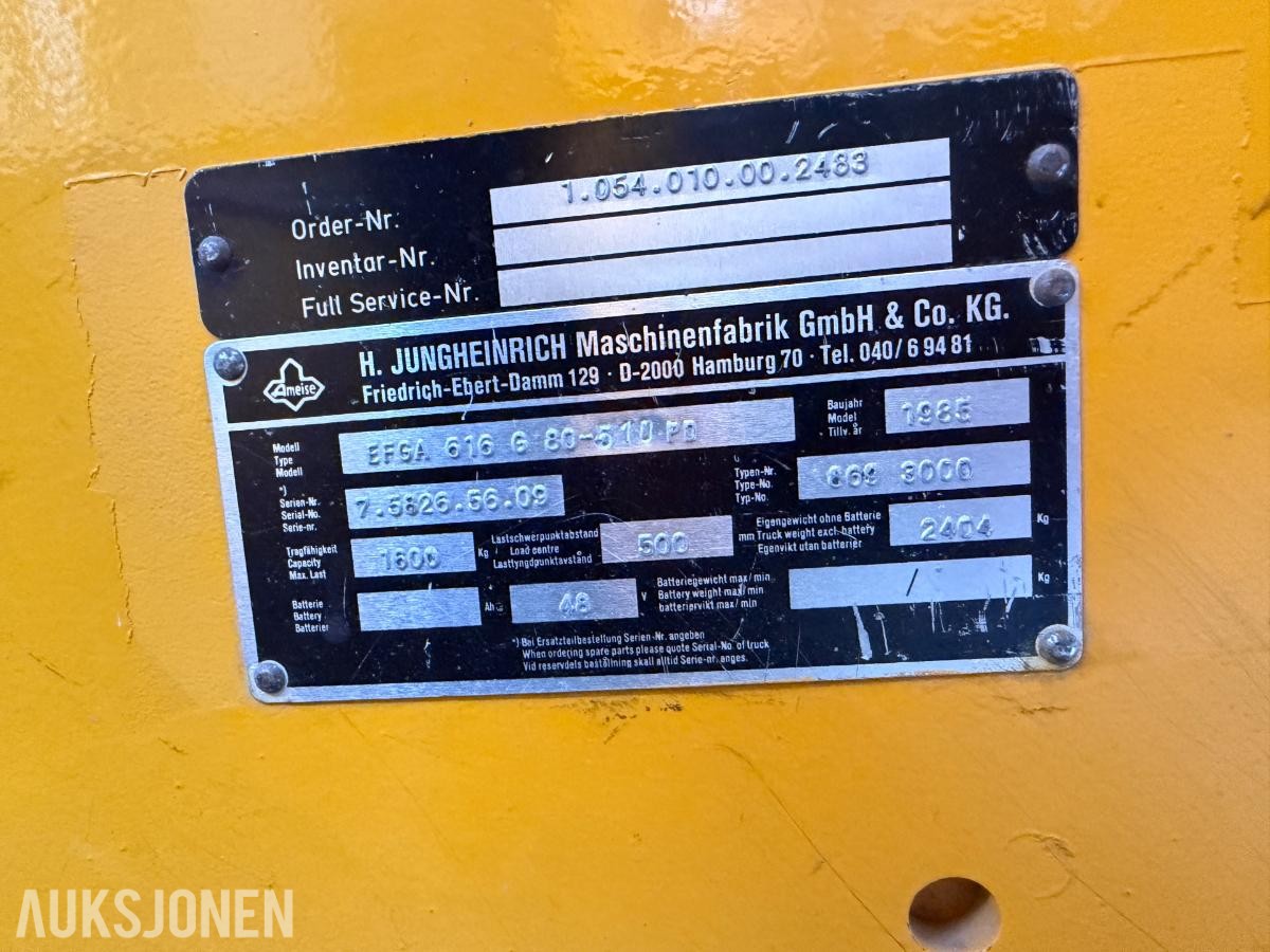 1985 Jungheinrich EFGA 616 G elektrisk gaffeltruck – 1,6 tonn