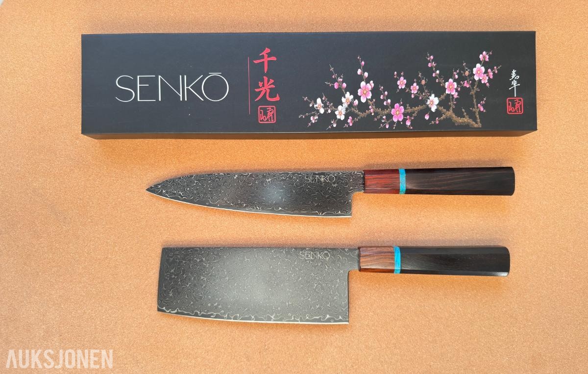 48 TIMERS AUKSJON – Senko Damaskus 67-lags Kiritsuke & Nakiri + Ostesett