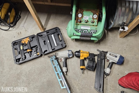 Fire trykkluftspikerpistoler og kompressor - Bosch GSN 90-21 RK - Bostitch N64084-1 og SL540 - Basso A22/90-F1 og Essve C20/10