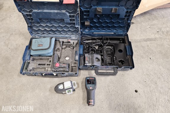 Bosch måleutstyr - GLL 3-80 CG krysslaser grønn - D-tect 120 materialdetektor - GAL 12V-40 lader - i kofferter