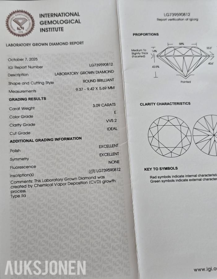 Diamant 3,09 ct, Farge E, Klarhet VVS2 og Triple Excellent.