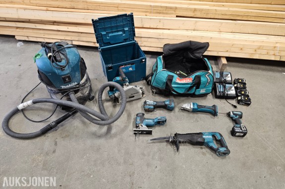 Makita 18V/36V verktøypakke - dykksag DSP600 - støvsuger VC2012L - multiverktøy DTM52 - bajonettsag - 4 batterier 5,0Ah og dobbeltlader