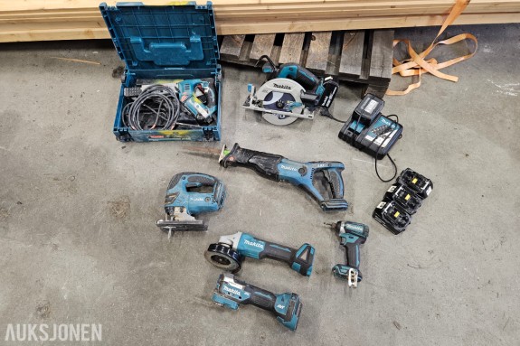 Makita 18V verktøypakke - sirkelsag DHS680 - vinkelsliper DGA506 - multikutter DTM52 - stikksag - bajonettsag - 5 batterier og lader