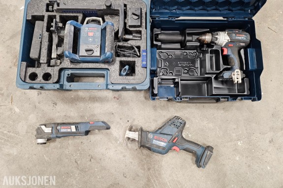 Bosch Professional 18V pakke - rotasjonslaser GRL 300 HVG - bor-/skrumaskin GSR 18 VE-EC - bajonettsag GSA 18 V-LI C - multikutter GOP 18V-28
