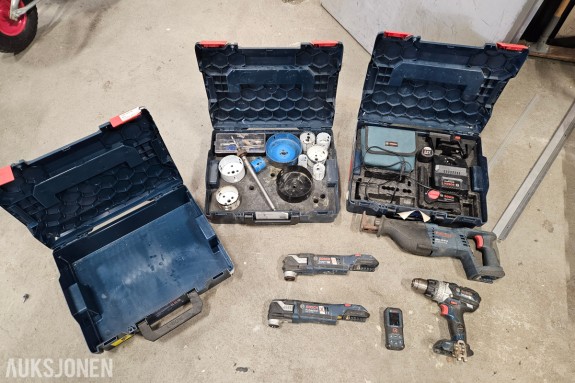 Bosch Professional pakke - linjelaser GLL 3-80 CG - to multikuttere GOP 18V - bajonettsag GSA 18 V-LI - slagdrill - hullsagsett - avstandsmåler GLM 50-22