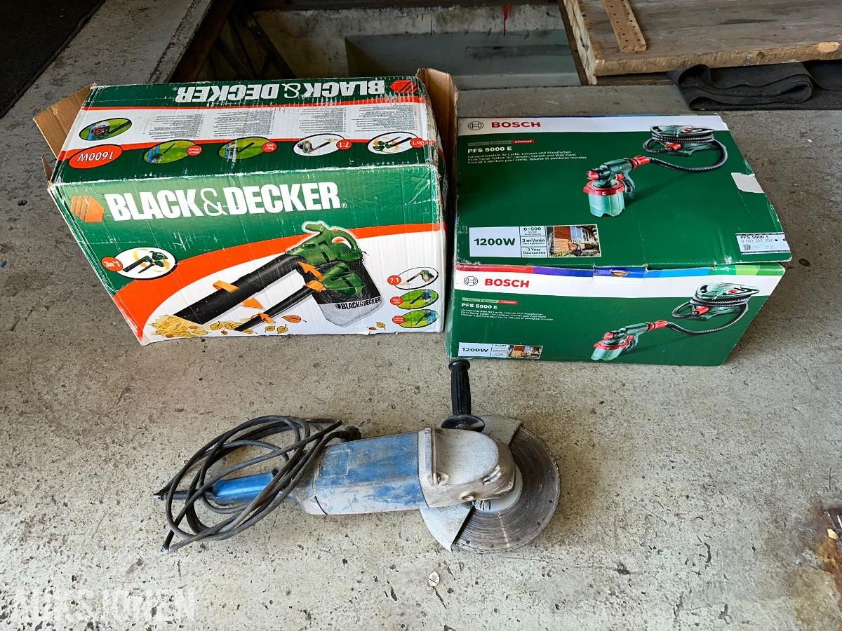 Verktøypakke – Bosch malingssprøyte, Black & Decker løvblåser og vinkelsliper